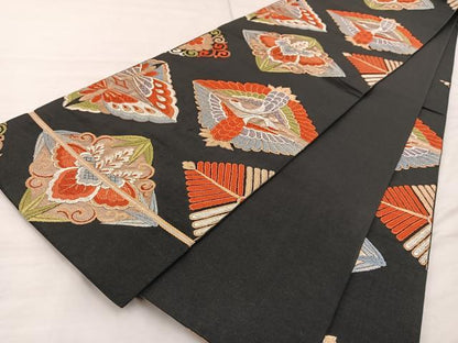 平和屋着物◎六通柄 本京袋帯 唐織 向かい鶴蝶文 黒地 金糸 正絹 逸品 BAAS4780gt