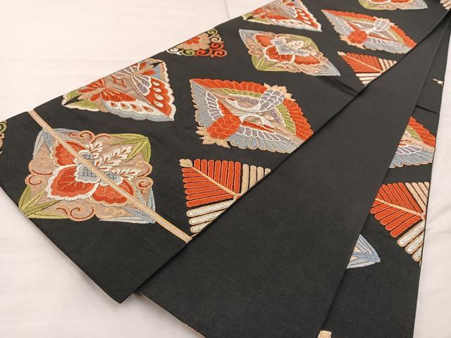 平和屋着物◎六通柄 本京袋帯 唐織 向かい鶴蝶文 黒地 金糸 正絹 逸品 BAAS4780gt