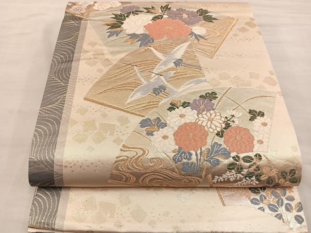 平和屋着物◎太鼓柄袋帯 地紙飛鶴花文 金銀糸 正絹 逸品 BAAS4795gt
