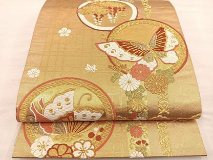 平和屋着物◎六通柄袋帯　唐織　花蝶丸文　金糸　正絹　逸品　BAAS4796gt