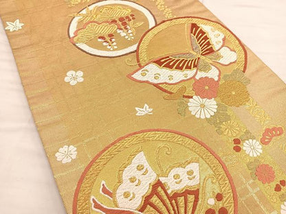 平和屋着物◎六通柄袋帯　唐織　花蝶丸文　金糸　正絹　逸品　BAAS4796gt