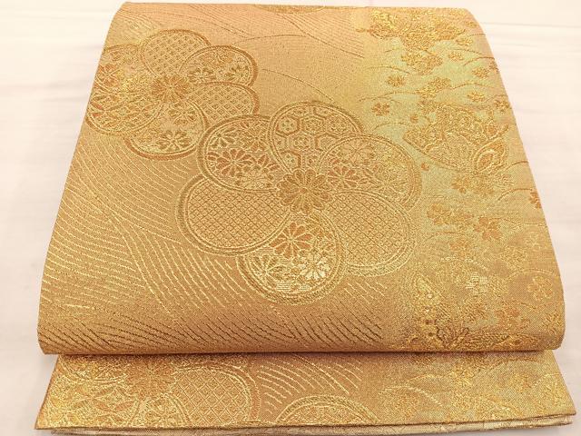 平和屋着物◎両面 六通柄袋帯 花蝶文 金糸 正絹 逸品 BAAS4797gt