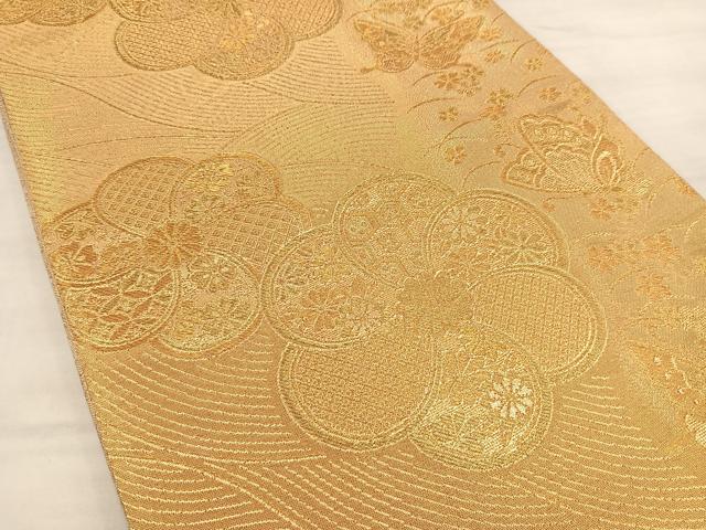 平和屋着物◎両面 六通柄袋帯 花蝶文 金糸 正絹 逸品 BAAS4797gt