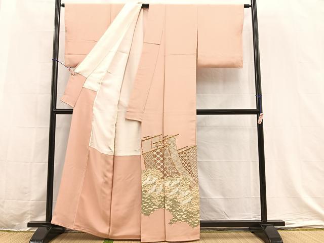 ［3425］色留袖 美品 雪輪舞鶴 駒刺繍 一つ紋 隅立て四つ目 正絹 着物 袷 訪問着 袷 着物 刺繍 金彩加工 正絹 グレー 緑 染め分け 桜 雪輪
