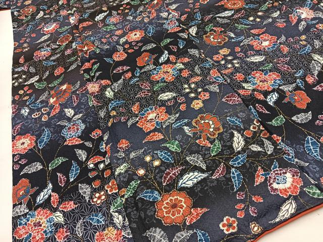 平和屋着物□上質な小紋 更紗草花文 暈し染め 金彩 正絹 逸品