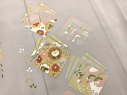 平和屋着物▽訪問着　単衣　色紙花文　金彩　正絹　逸品　BAAS5283ui