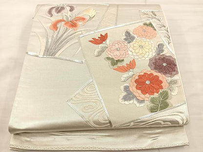 平和屋着物◎太鼓柄袋帯 総駒刺繍 色紙草花文 銀糸 正絹 逸品 BAAS5479bs