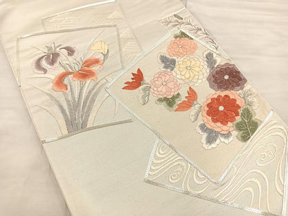 平和屋着物◎太鼓柄袋帯 総駒刺繍 色紙草花文 銀糸 正絹 逸品 BAAS5479bs