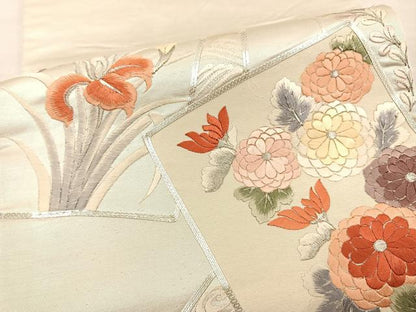 平和屋着物◎太鼓柄袋帯 総駒刺繍 色紙草花文 銀糸 正絹 逸品 BAAS5479bs