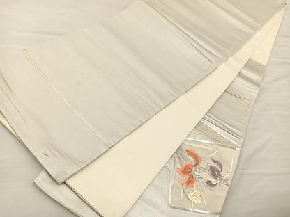 平和屋着物◎太鼓柄袋帯 総駒刺繍 色紙草花文 銀糸 正絹 逸品 BAAS5479bs