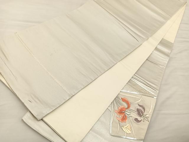 平和屋着物◎太鼓柄袋帯 総駒刺繍 色紙草花文 銀糸 正絹 逸品 BAAS5479bs