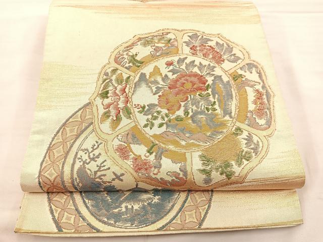 平和屋着物◎六通柄袋帯 絵皿花文 金糸 正絹 逸品 BAAS5481bs