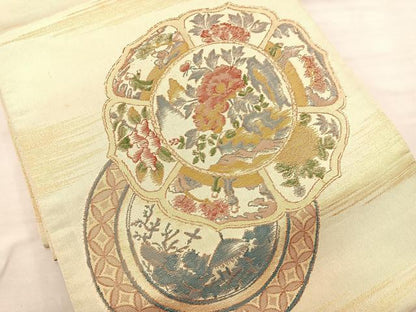 平和屋着物◎六通柄袋帯 絵皿花文 金糸 正絹 逸品 BAAS5481bs