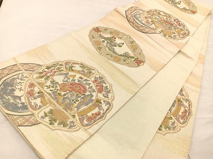 平和屋着物◎六通柄袋帯 絵皿花文 金糸 正絹 逸品 BAAS5481bs