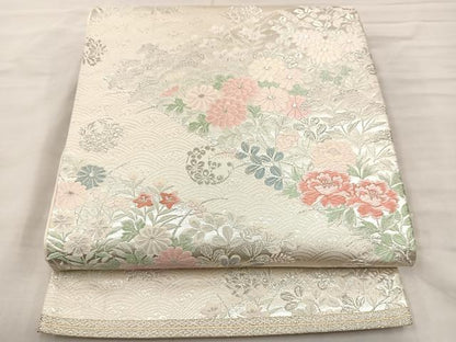 平和屋着物◎六通柄袋帯 唐織 草花文 銀糸 正絹 逸品 BAAS5487bs