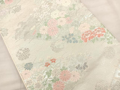 平和屋着物◎六通柄袋帯 唐織 草花文 銀糸 正絹 逸品 BAAS5487bs