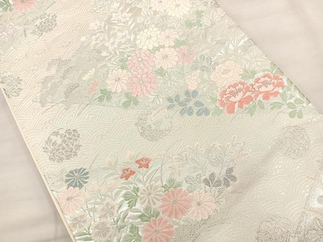 平和屋着物◎六通柄袋帯 唐織 草花文 銀糸 正絹 逸品 BAAS5487bs