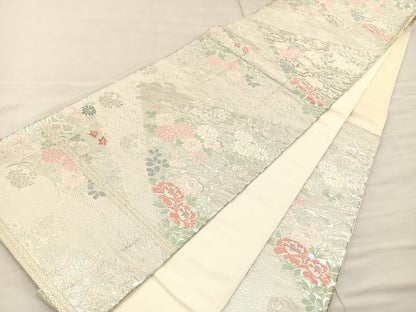 平和屋着物◎六通柄袋帯 唐織 草花文 銀糸 正絹 逸品 BAAS5487bs