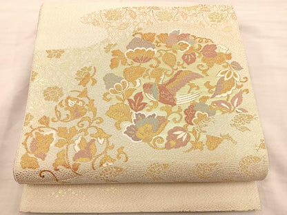 平和屋着物◎六通柄袋帯 花鳥文 金糸 正絹 逸品 BAAS5493bs