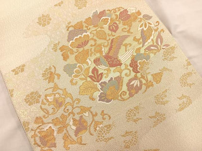 平和屋着物◎六通柄袋帯 花鳥文 金糸 正絹 逸品 BAAS5493bs