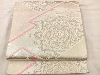 平和屋着物◎太鼓柄袋帯　総刺繍　鼓花文　銀糸　正絹　逸品　BAAS5509bs