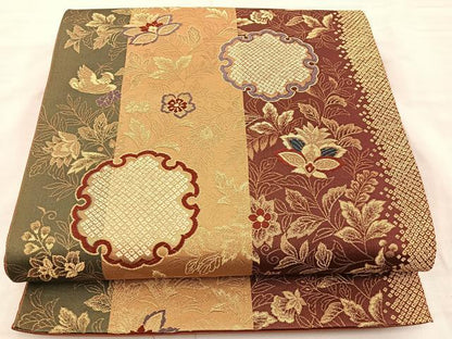 平和屋着物◎六通柄袋帯 大正ロマン 雪輪花鳥文 金糸 正絹 逸品 BAAS5512bs