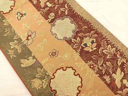 平和屋着物◎六通柄袋帯 大正ロマン 雪輪花鳥文 金糸 正絹 逸品 BAAS5512bs