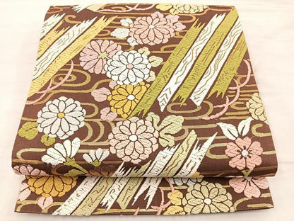 平和屋着物◎六通柄袋帯　唐織　流水花文　金糸　正絹　逸品　BAAS5522bs