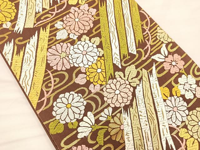 平和屋着物◎六通柄袋帯　唐織　流水花文　金糸　正絹　逸品　BAAS5522bs