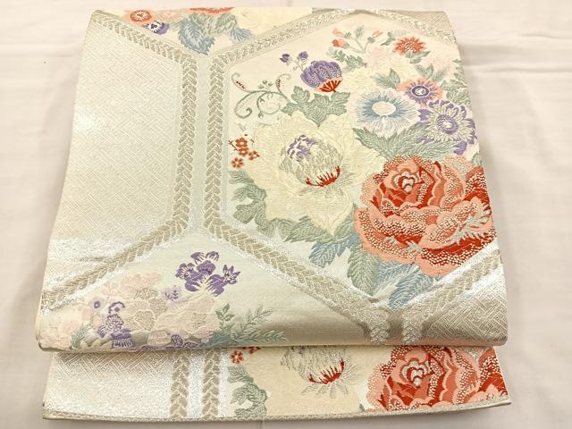 平和屋着物◎六通柄袋帯 唐織 亀甲花文 銀糸 正絹 逸品 BAAS5524bs