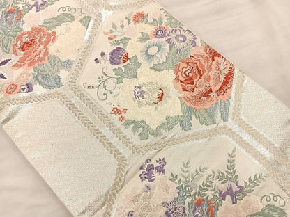 平和屋着物◎六通柄袋帯 唐織 亀甲花文 銀糸 正絹 逸品 BAAS5524bs