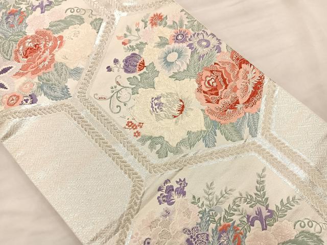 平和屋着物◎六通柄袋帯 唐織 亀甲花文 銀糸 正絹 逸品 BAAS5524bs