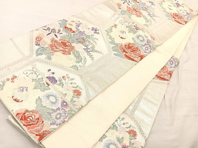 平和屋着物◎六通柄袋帯 唐織 亀甲花文 銀糸 正絹 逸品 BAAS5524bs