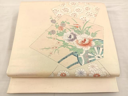 平和屋着物◎太鼓柄袋帯　総駒刺繍　草花文　銀糸　正絹　逸品　BAAS5527bs