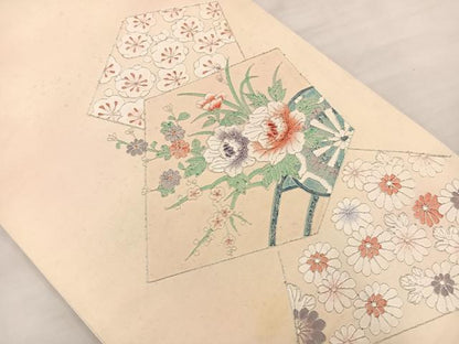 平和屋着物◎太鼓柄袋帯　総駒刺繍　草花文　銀糸　正絹　逸品　BAAS5527bs