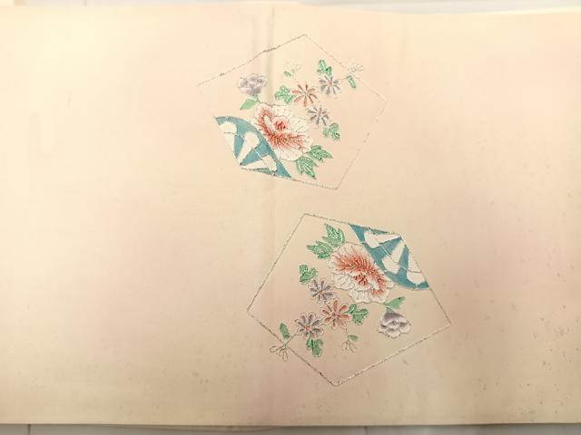 平和屋着物◎太鼓柄袋帯　総駒刺繍　草花文　銀糸　正絹　逸品　BAAS5527bs