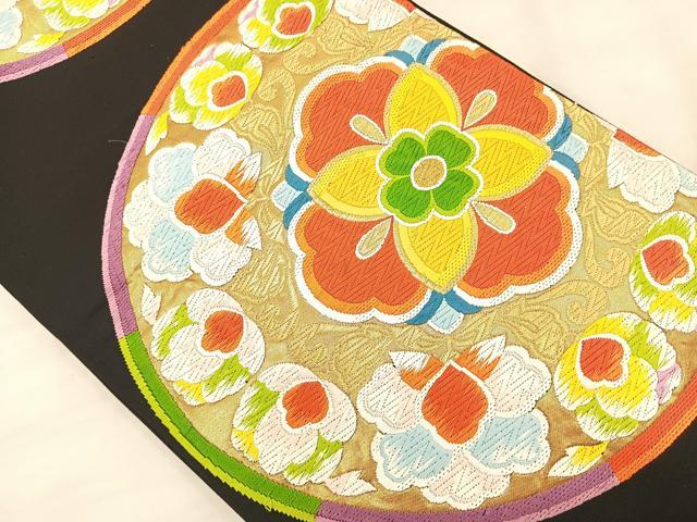 平和屋着物◎六通柄袋帯 唐織 花丸文 黒地 金糸 正絹 逸品 BAAS5533bs