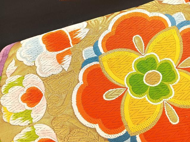 平和屋着物◎六通柄袋帯 唐織 花丸文 黒地 金糸 正絹 逸品 BAAS5533bs
