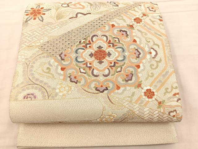 平和屋着物◎太鼓柄袋帯　綴れ　切嵌花文　金彩　正絹　逸品　BAAS5539bs