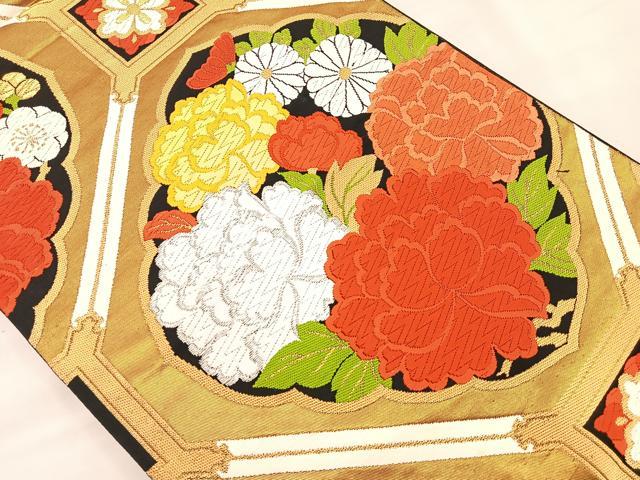 平和屋着物◎六通柄袋帯 唐織 蜀江花文 黒地 金糸 正絹 逸品 BAAS5541bs