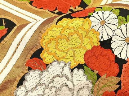 平和屋着物◎六通柄袋帯 唐織 蜀江花文 黒地 金糸 正絹 逸品 BAAS5541bs