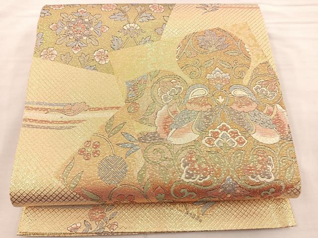 平和屋着物◎六通柄袋帯 色紙花鳥文 金糸 正絹 逸品 BAAS5542bs