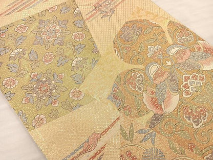 平和屋着物◎六通柄袋帯 色紙花鳥文 金糸 正絹 逸品 BAAS5542bs