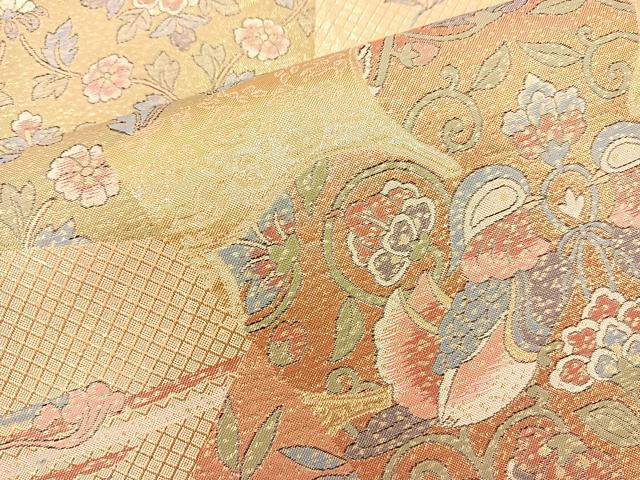 平和屋着物◎六通柄袋帯 色紙花鳥文 金糸 正絹 逸品 BAAS5542bs