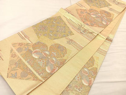 平和屋着物◎六通柄袋帯 色紙花鳥文 金糸 正絹 逸品 BAAS5542bs