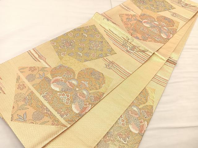 平和屋着物◎六通柄袋帯 色紙花鳥文 金糸 正絹 逸品 BAAS5542bs
