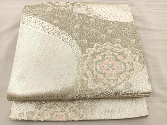 平和屋着物◎六通柄袋帯 唐織 孔雀花文 銀糸 正絹 逸品 BAAS5543bs