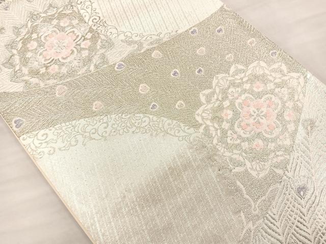 平和屋着物◎六通柄袋帯 唐織 孔雀花文 銀糸 正絹 逸品 BAAS5543bs