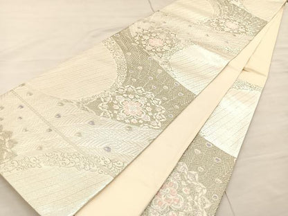 平和屋着物◎六通柄袋帯 唐織 孔雀花文 銀糸 正絹 逸品 BAAS5543bs