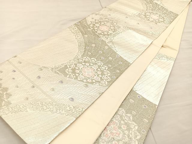 平和屋着物◎六通柄袋帯 唐織 孔雀花文 銀糸 正絹 逸品 BAAS5543bs